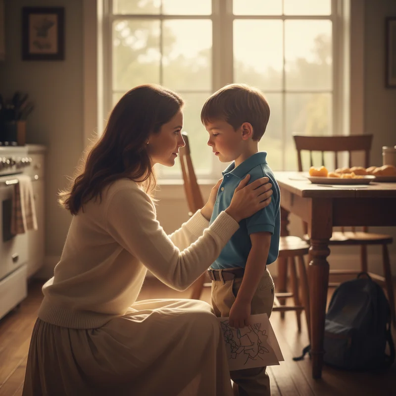A warm, close shot of a mother kneeling to eye level with her elementary-aged son in a school hallway or kitchen, both looking calm and connected, the boy's expression soft and a little vulnerable — a moment of quiet reconnection after a hard day.