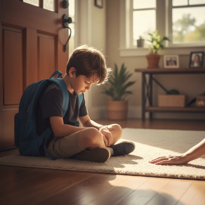 A tired elementary-school-aged boy sitting on the floor just inside the front door, backpack still on, staring at the ground. Warm afternoon light. A parent's hand visible nearby but not touching him — giving space. Soft, empathetic mood.