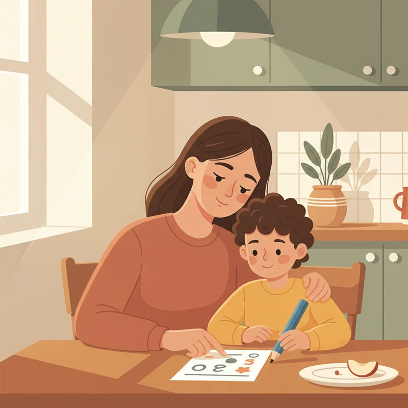 A tired but loving mother sitting beside her young son at a kitchen homework table in the late afternoon, both looking at a worksheet. The mood is patient and quiet — not tense. Warm kitchen lighting, no products or text visible.