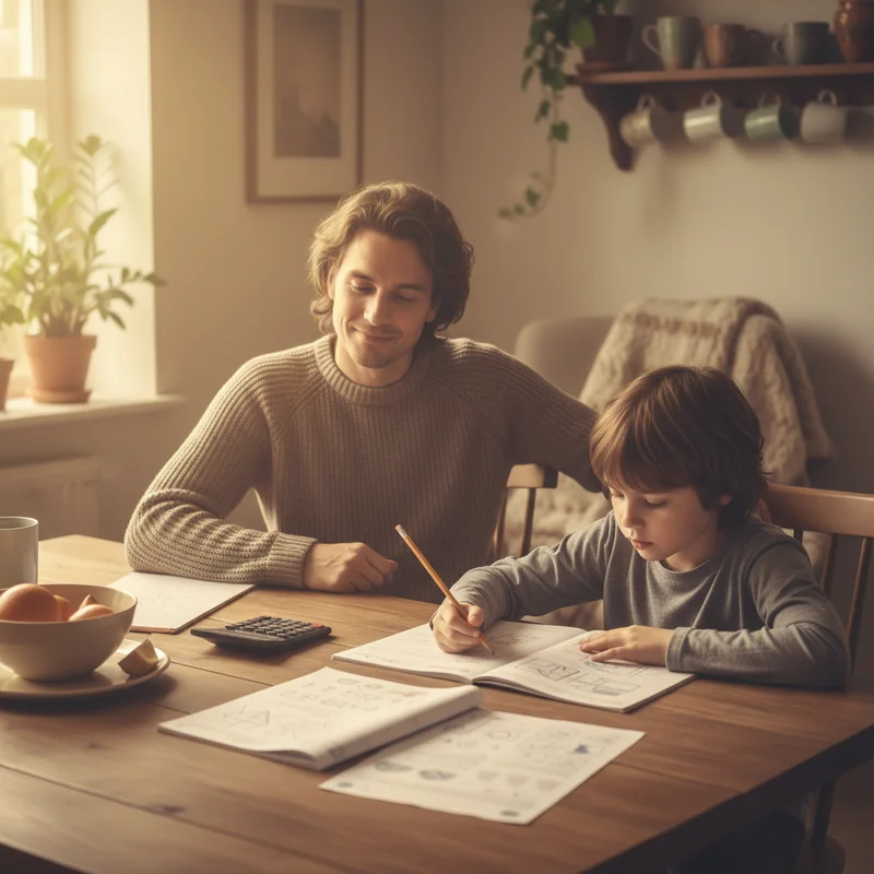 A parent sitting next to their child at a kitchen table, both looking relaxed as the child confidently works through homework or practice problems, warm lighting and casual home setting.