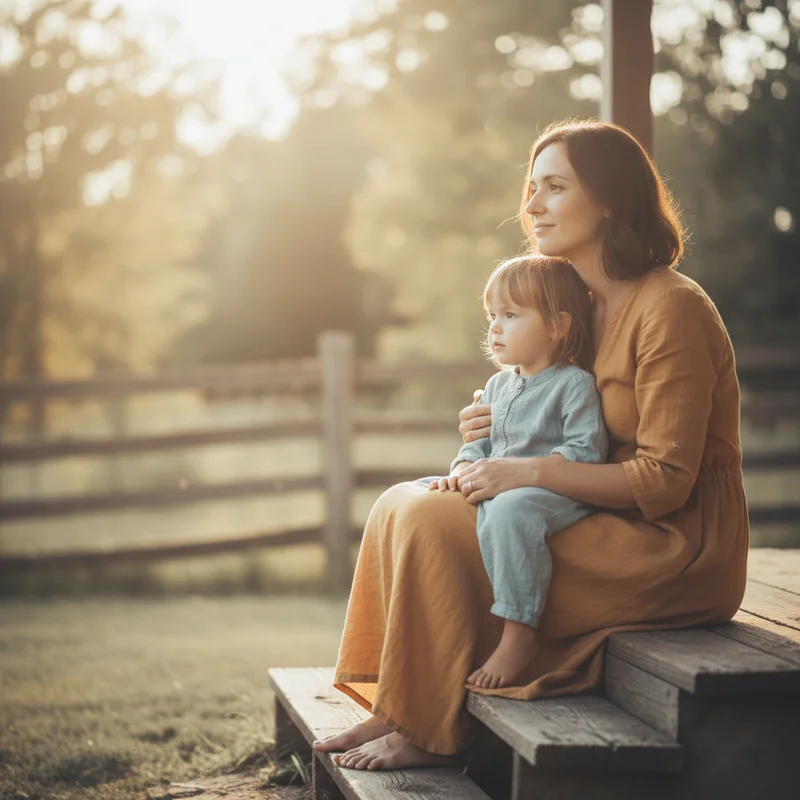 A mother and young child sitting side by side outdoors on porch steps, both looking away into the distance rather than at each other, in a quiet, companionable moment. Warm afternoon light, relaxed posture, no tension visible — a scene of gentle connection without pressure.