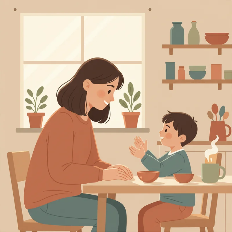 Mother and child sitting together at kitchen table, child showing their hands while mother listens with empathy and understanding, warm lighting creating safe conversation space.