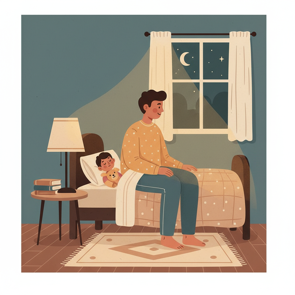 Parent sitting on edge of child's bed during nighttime routine, soft lamplight creating warm atmosphere while child is tucked under covers looking calm and ready for sleep.