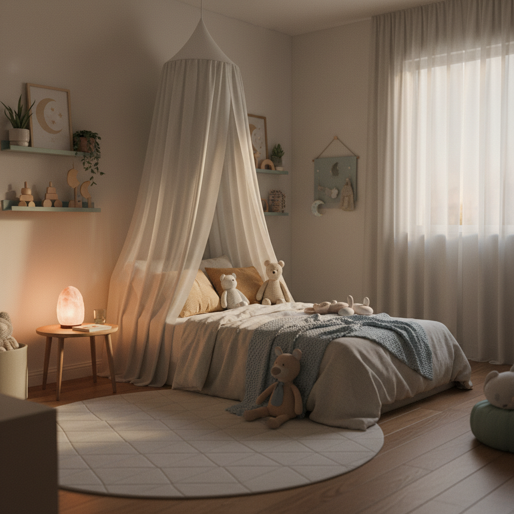 Peaceful child's bedroom at nighttime with soft lighting, showing organized space with calming colors and a comfortable bed ready for sleep.