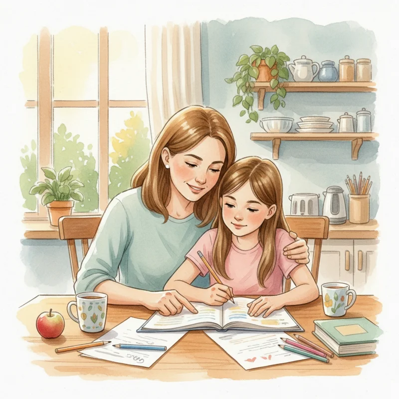 Mother sitting with elementary-age daughter at kitchen table, both looking at homework together with patient, understanding expressions, warm lighting