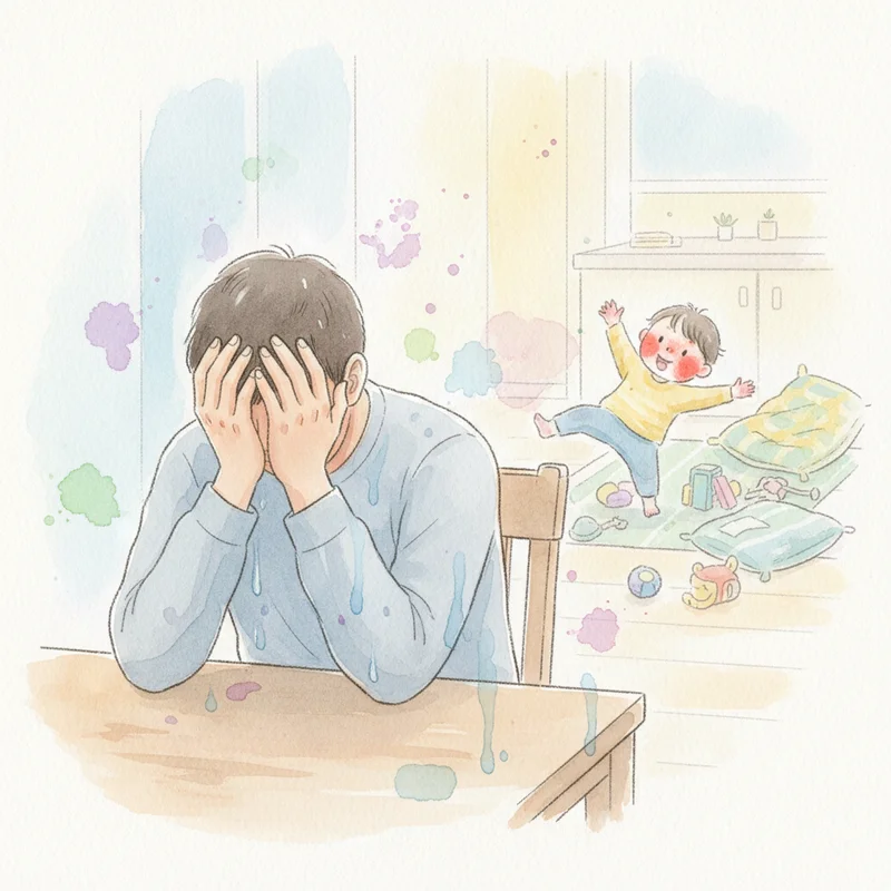 Parent sitting at kitchen table with hands over face looking stressed while child has tantrum in background during school vacation.