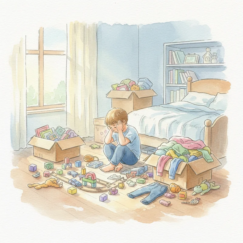A child sitting cross-legged on a bedroom floor, looking overwhelmed while surrounded by scattered toys, clothes, and boxes during a cleaning session, with natural lighting showing the chaos of items everywhere.