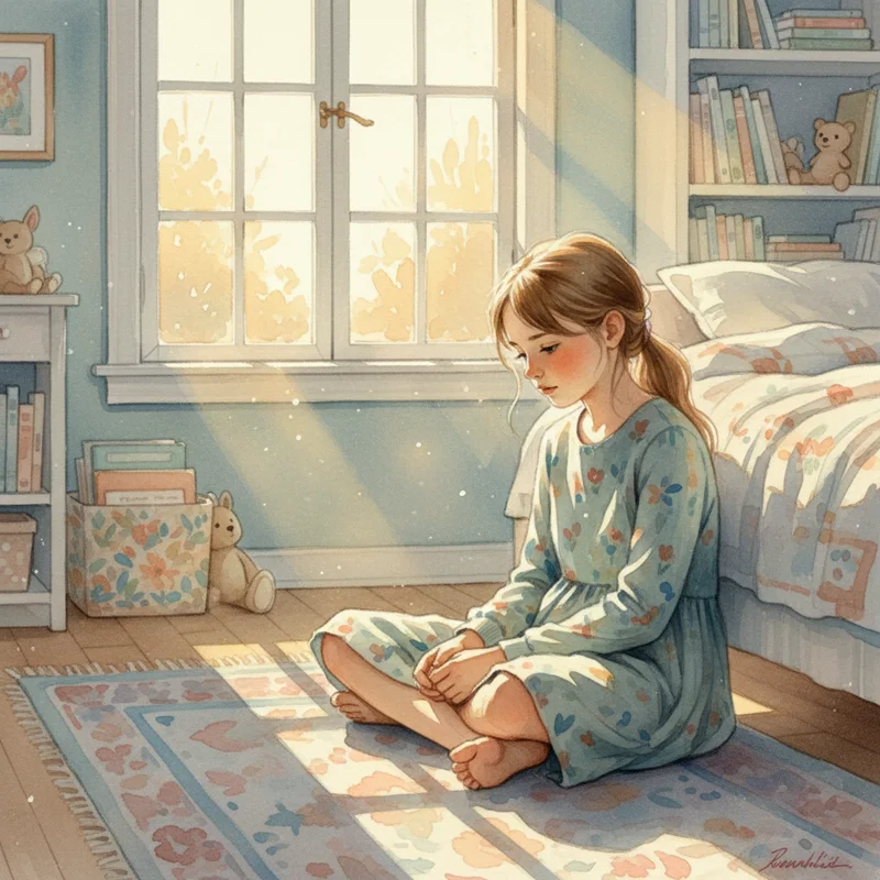 A young girl around age 7-8 sitting cross-legged on her bedroom floor, looking down quietly with a thoughtful or slightly sad expression, afternoon light coming through a window behind her. No charts or reward systems visible — just a child in a quiet, reflective moment.