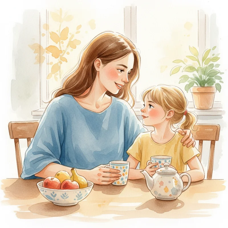 A mother sitting at kitchen table having a calm, understanding conversation with her young daughter, both looking relaxed and connected, warm lighting