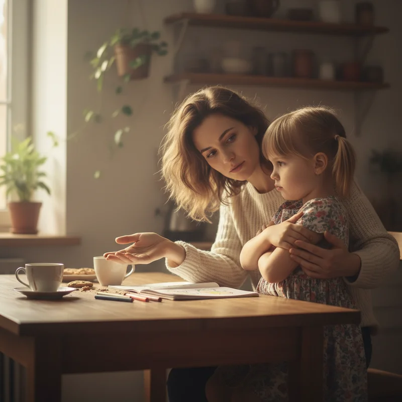 A tired mother and her young daughter sitting at a kitchen table together in the late afternoon, the daughter looking away with arms crossed, the mother reaching gently toward her — warm, natural light, no eye contact yet, quiet tension but also love visible in the mom's posture.