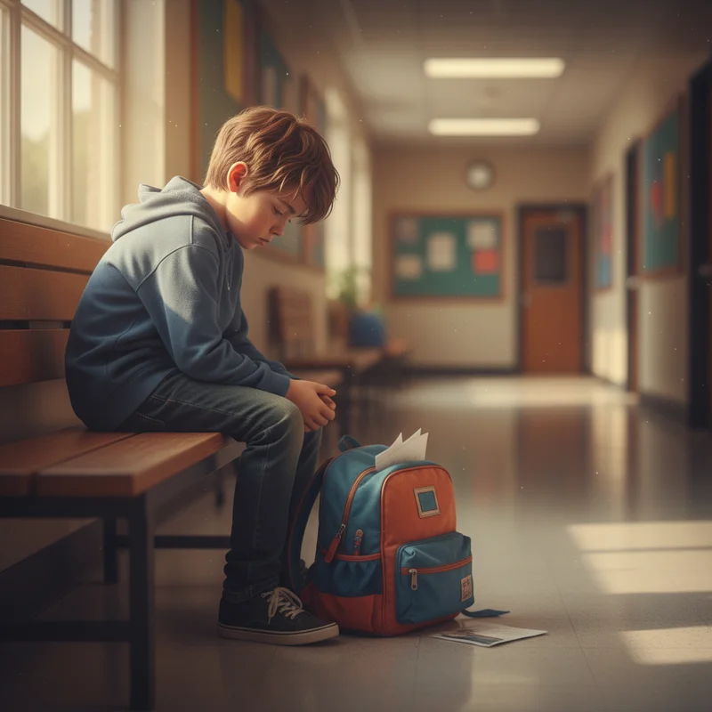 A warm, close-up shot of a young boy sitting at a school hallway bench, looking overwhelmed and tired, backpack on the floor beside him, natural light coming through a window — no adults present, conveying the emotional weight of a hard school day.