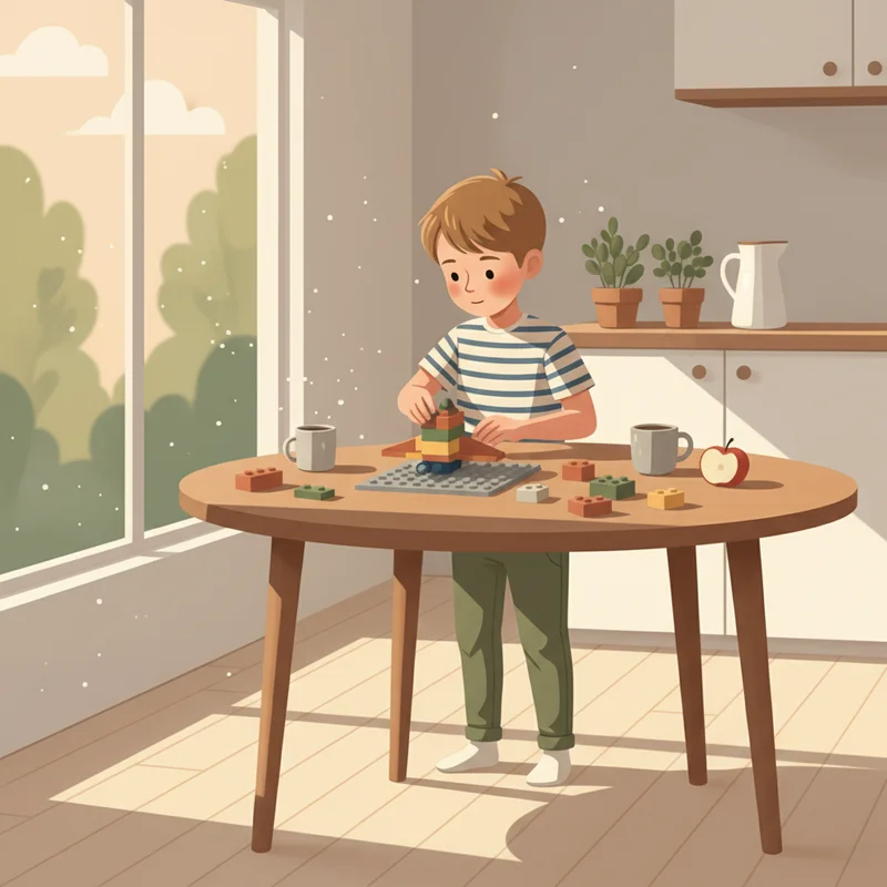 A young boy doing Legos at a kitchen table in the early afternoon, sunlight coming through the window, looking calm and focused — warm and domestic, no products or text visible.