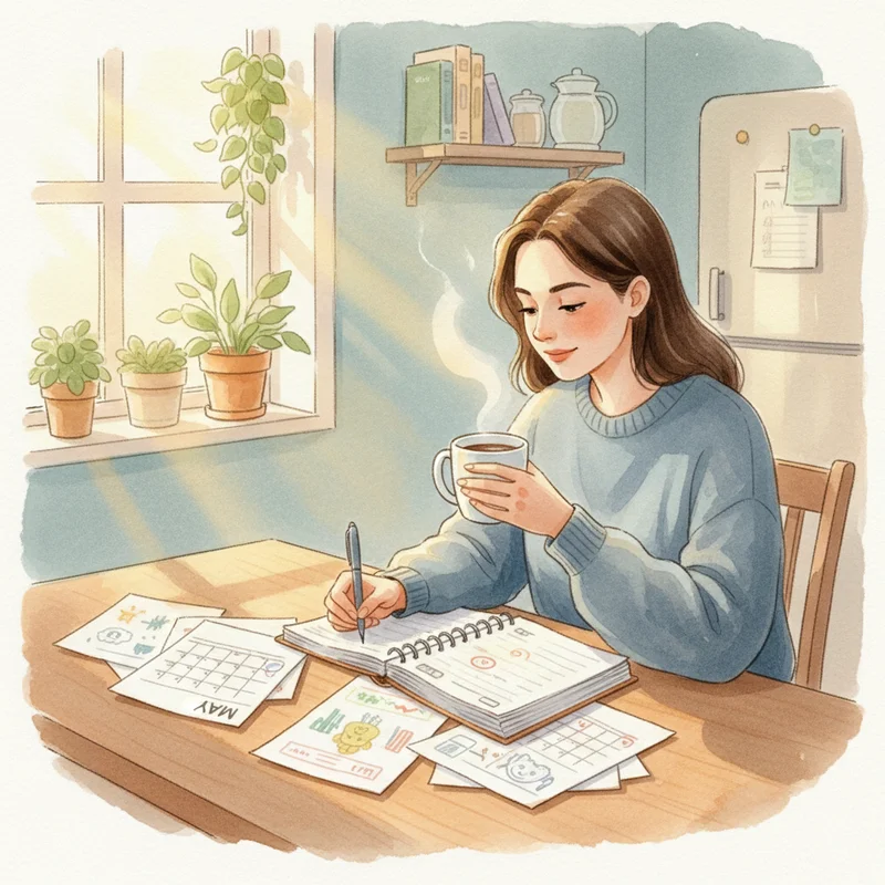 A mom sitting at a kitchen table with a coffee mug, writing in a planner, surrounded by school papers and a calendar open to May — warm morning light, relaxed but purposeful mood, no products visible.