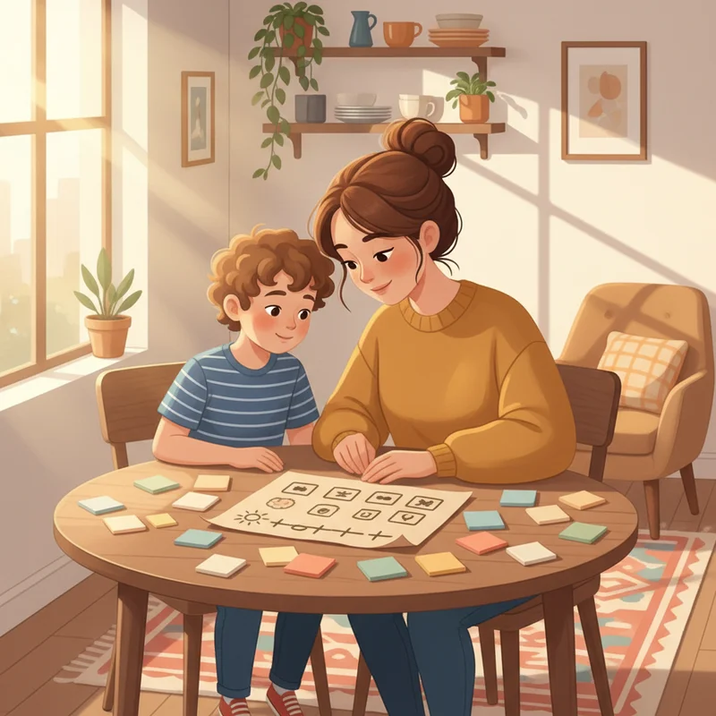 A mom and her young son sitting together at a kitchen table covered in sticky notes and a simple hand-drawn schedule, both looking at the paper together — warm morning light, cozy home setting, genuine connection.