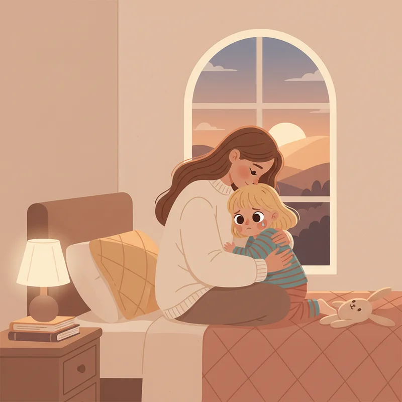 A warm, softly lit bedroom scene showing a mother sitting beside her young daughter on the bed in the early evening. The child looks sad but is being gently held. No text, no products, no clinical setting — just quiet, tender comfort between a parent and child.