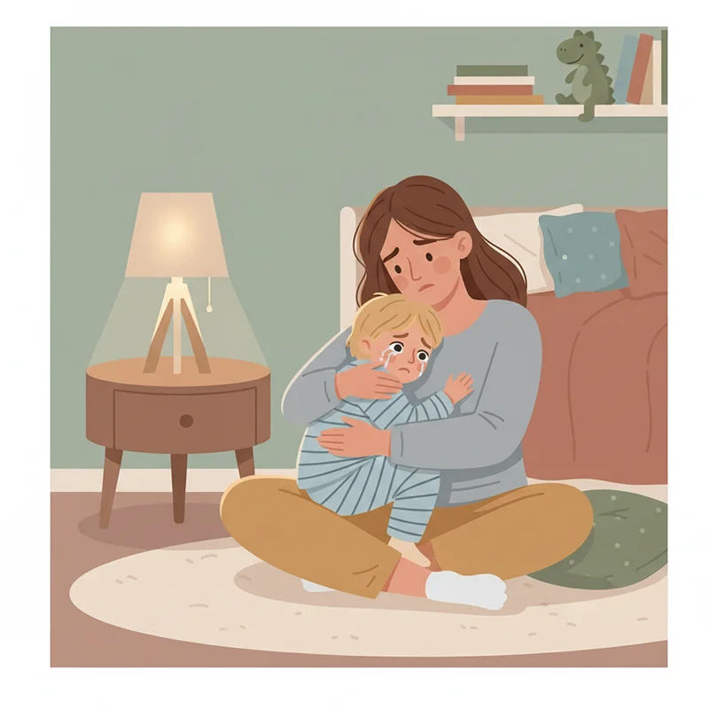 A mom sitting on the floor of a child's bedroom at night, arms around her young child who looks tearful and anxious. Warm lamp light, soft blankets, an intimate and quiet moment of comfort. No products or text visible.