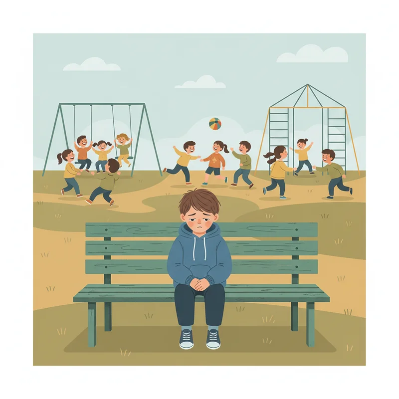 A sad child sitting alone on a school playground bench while other children play in groups in the background, showing the social isolation many ADHD children experience.
