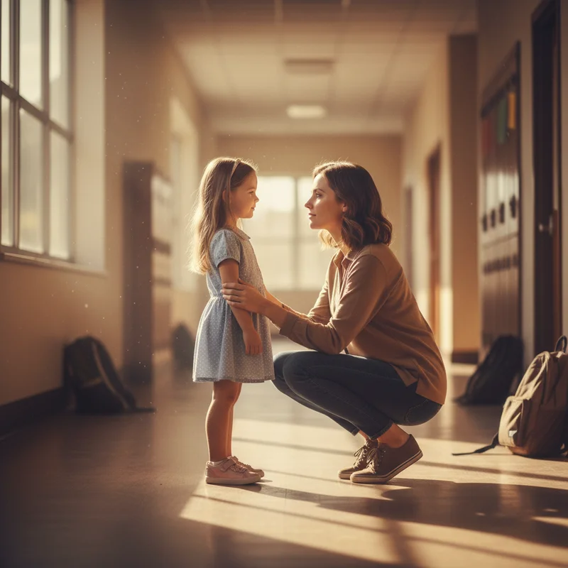 A mother crouching down to eye level with her young daughter in a school hallway, both looking calm, the mother's hand gently on the child's shoulder — a moment of connection instead of confrontation. Warm natural light, no text or logos.
