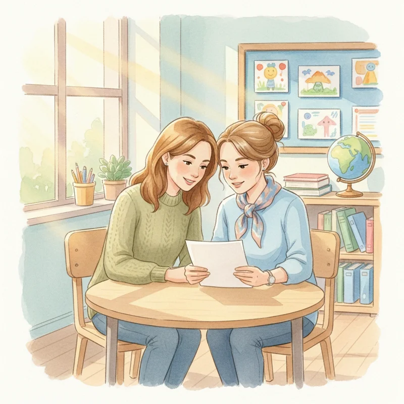 A warm, candid scene of a mom and a female teacher sitting across a small table from each other in a classroom, both leaning in and looking at a single sheet of paper together, relaxed and collaborative body language, soft afternoon light through classroom windows.
