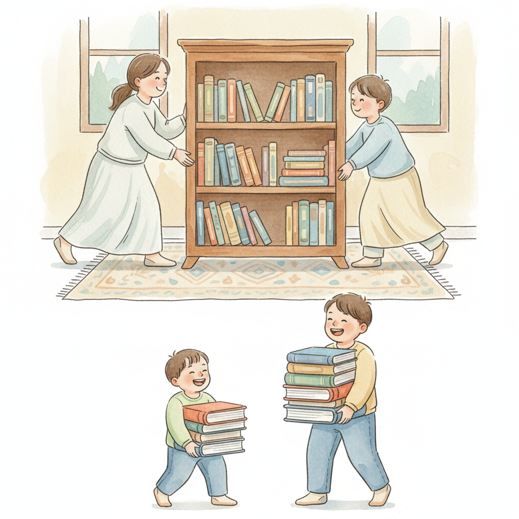 Parent and child engaged in heavy work activity together, like moving furniture or carrying heavy books, showing positive sensory input alternatives to throwing.