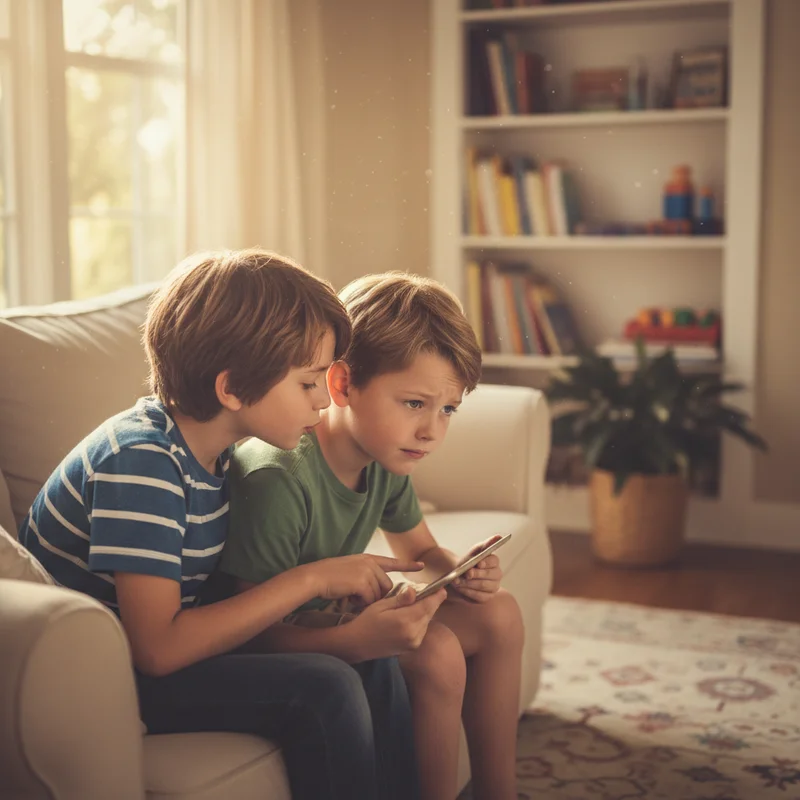 Two elementary-age boys sitting side by side on a couch during a playdate — one leaning into the other's personal space while the second boy looks slightly uncomfortable, a natural home living room setting, warm afternoon light.