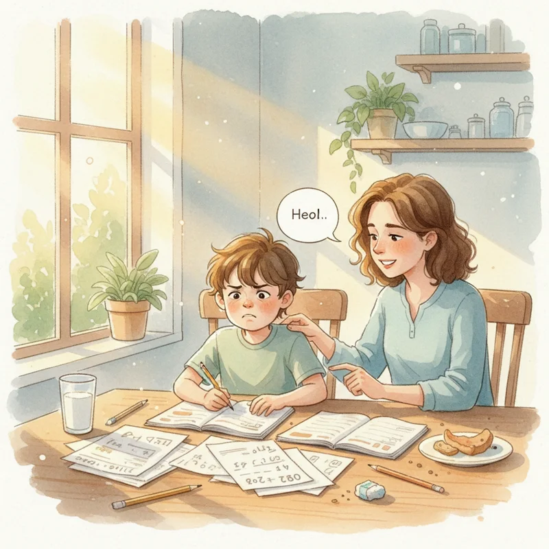 Young child with ADHD sitting at kitchen table looking overwhelmed while staring at homework, parent sitting nearby offering gentle support and understanding, warm afternoon lighting through window.