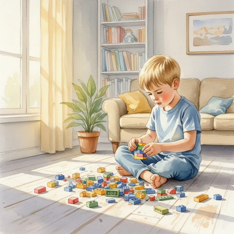A young boy sitting cross-legged on a wooden floor surrounded by Lego bricks, deeply focused and building something, warm natural window light, cozy home setting, no adults visible.