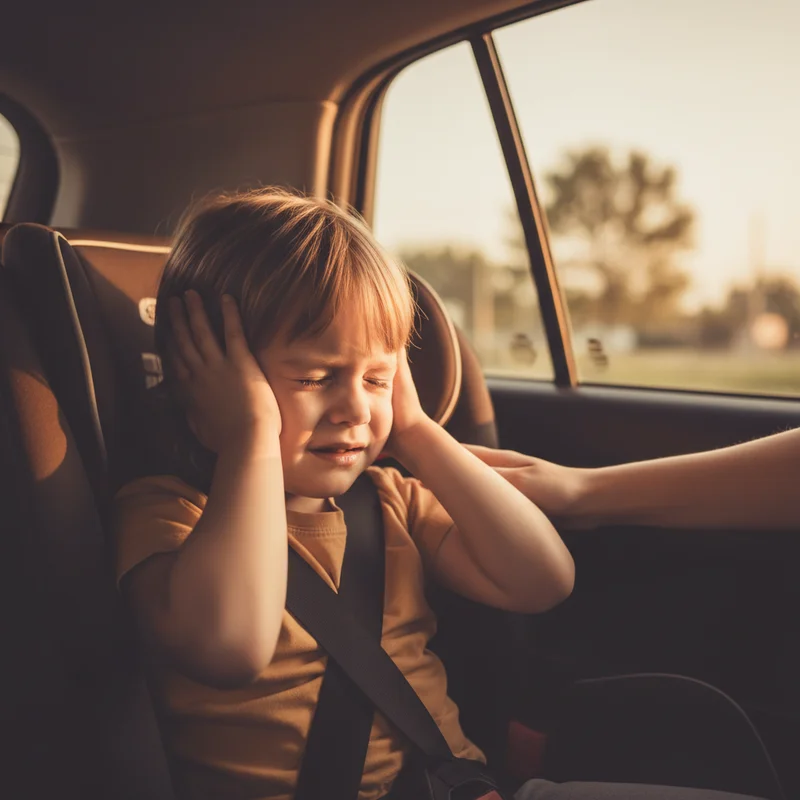 Child in car seat looking overwhelmed with hands over ears, parent's hand reaching back to comfort them, soft natural lighting through car window.