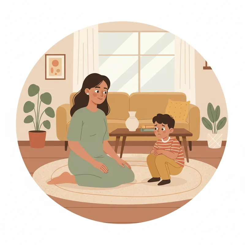 A mother sitting cross-legged on the floor at eye level with a young boy who looks overwhelmed, with the mother's hands gently placed on her knees in a non-threatening posture. The scene is in a calm living room with soft natural lighting, showing connection rather than confrontation.
