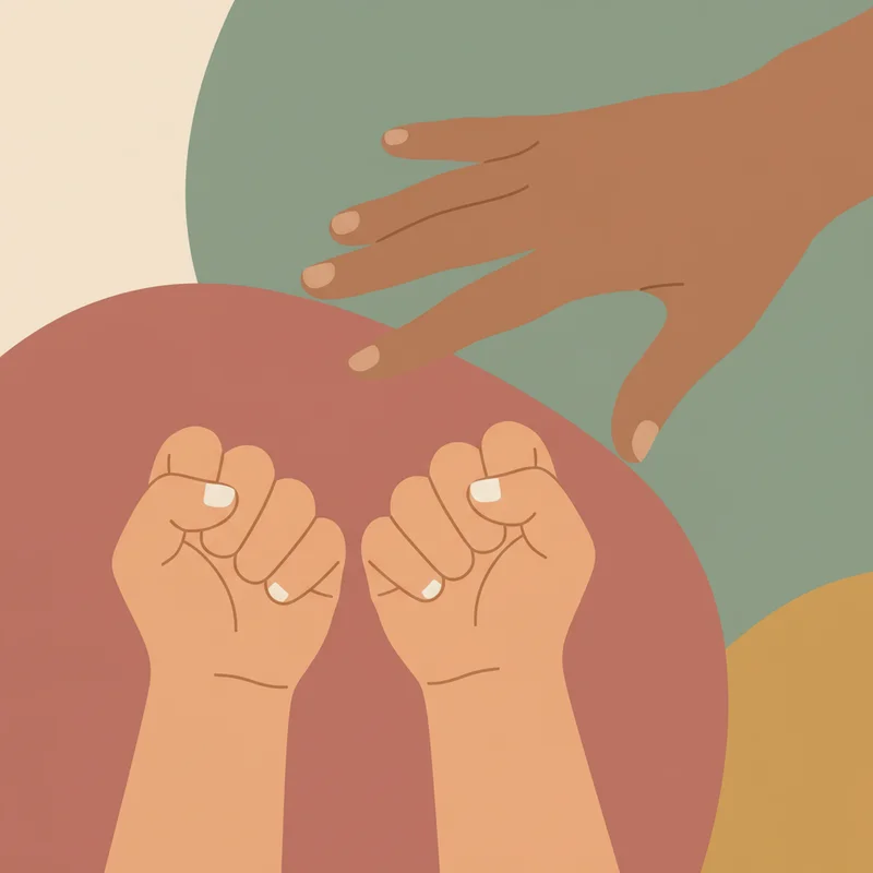 Close-up of a young child's hands clenched in fists during an emotional moment, with a parent's gentle hand reaching toward them in a calming gesture.
