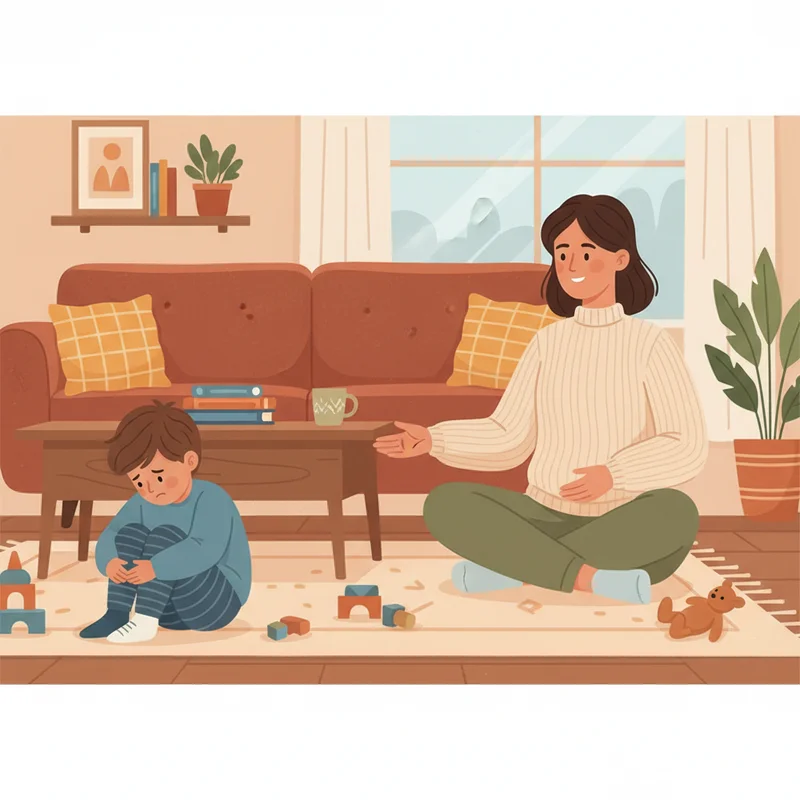 A parent gently holding space for an upset child who is sitting on the floor, showing patient understanding during an emotional moment in a warm, lived-in family room setting.