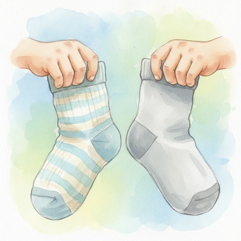 A close-up of a child's hands holding two different socks - one striped and one solid - showing the texture difference that can trigger sensory overload in ADHD children.