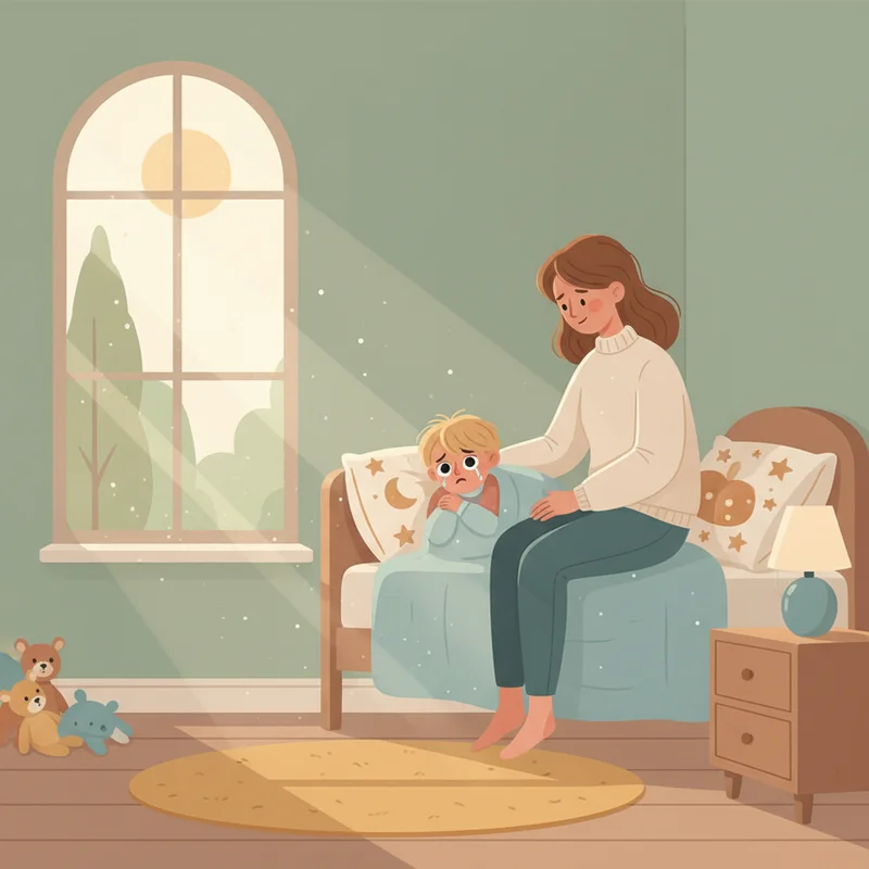 Parent sitting on edge of child's bed, gently rubbing child's back as child lies in bed looking distressed and overwhelmed, soft morning light coming through bedroom window.