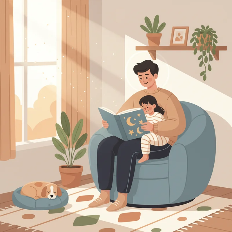 A peaceful parent and child reading together in soft morning light, showing the calm after finding sleep solutions.