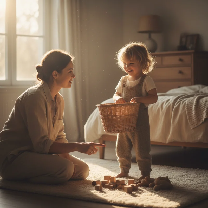 A parent and child working together in a bedroom, the child holding a basket while the parent points to specific toys on the floor, both smiling with natural lighting coming through a window.
