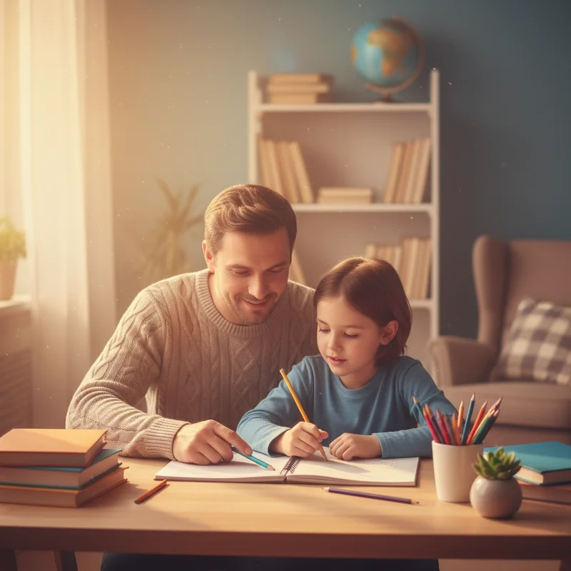 A warm scene of a parent sitting beside their child at a well-organized homework station, both looking calm and focused as they work through assignments together.