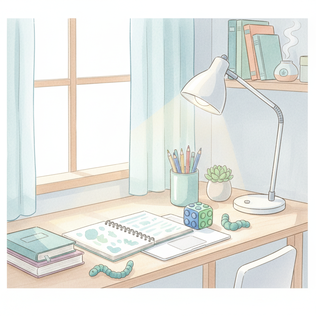 A clean, organized homework station with good lighting, minimal distractions, and a few sensory tools like a fidget toy visible on the desk surface.
