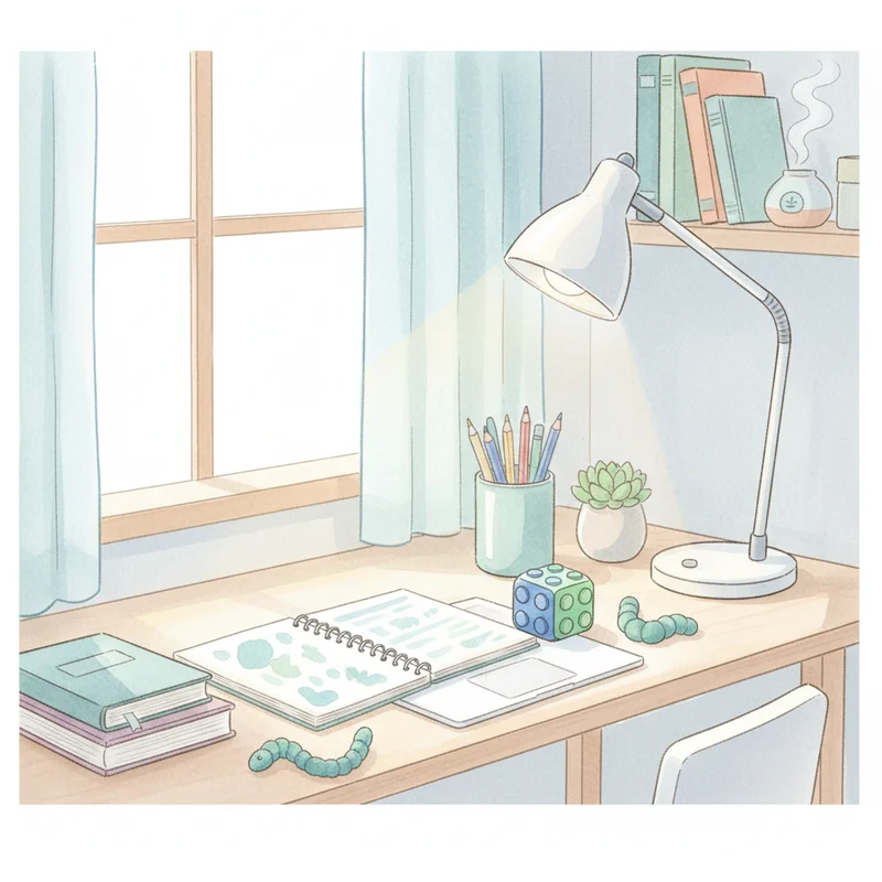 A clean, organized homework station with good lighting, minimal distractions, and a few sensory tools like a fidget toy visible on the desk surface.