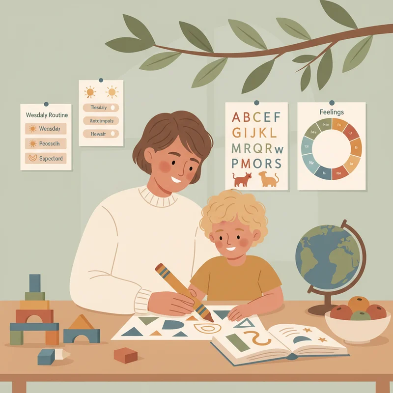 A parent and child working together at a kitchen table, with visual reminders and charts visible in the background, showing a calm and supportive learning environment.