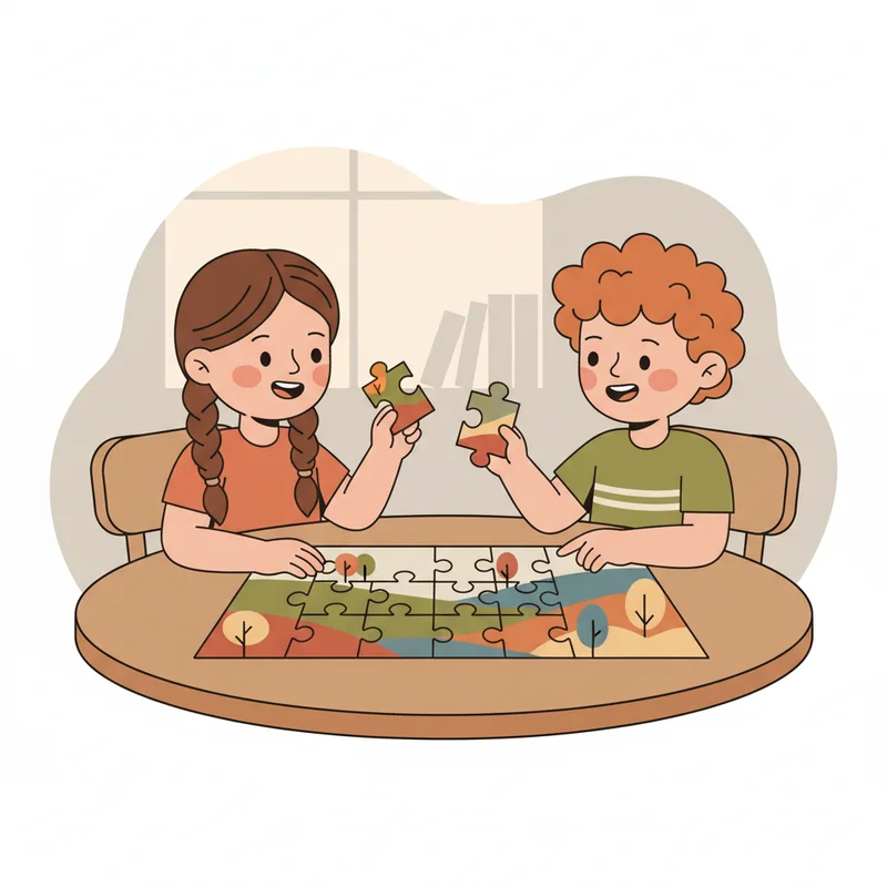 Two young children sitting at a table working together on a puzzle, demonstrating cooperative play and turn-taking skills