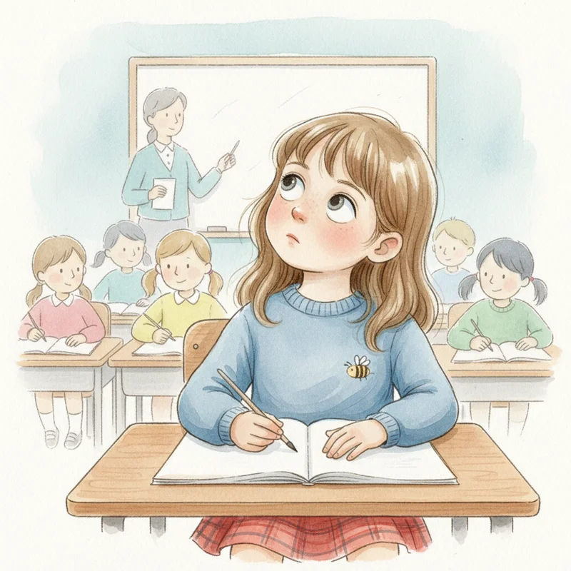 Young child sitting at a classroom desk with head slightly tilted, eyes unfocused but not dreamy, with teacher and other students blurred in background showing the disconnect during instruction time.