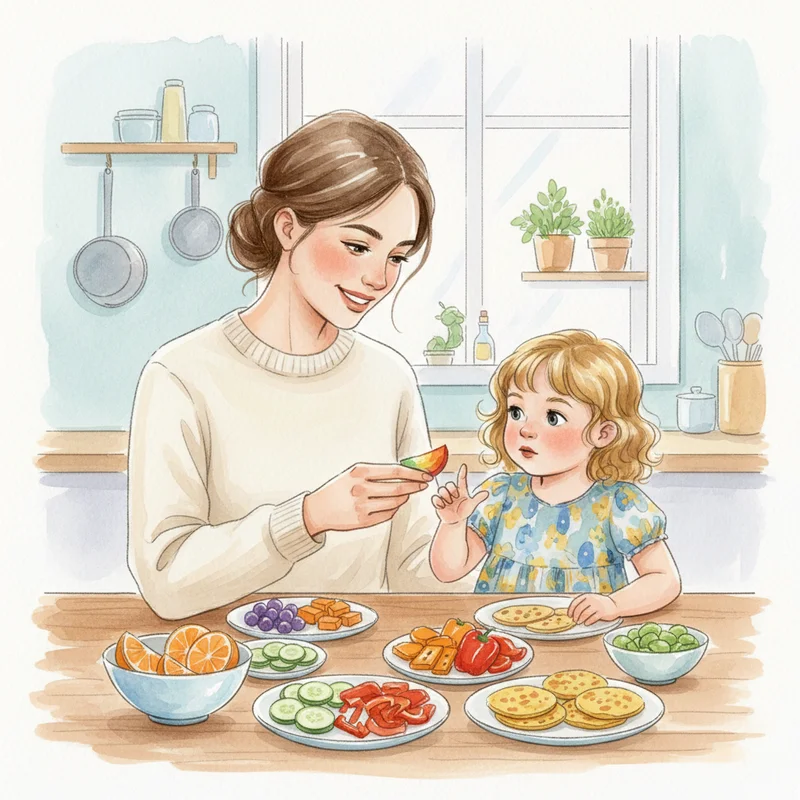 A mother and young daughter sitting together at a kitchen table, looking at a colorful variety of foods spread out, with the daughter appearing curious but cautious while the mother offers gentle encouragement.
