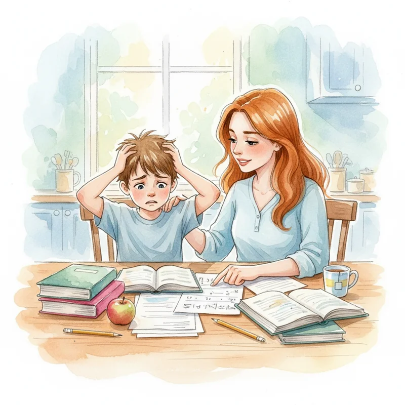 Parent and child sitting together at kitchen table with homework spread out, child looking overwhelmed while parent shows understanding and patience.