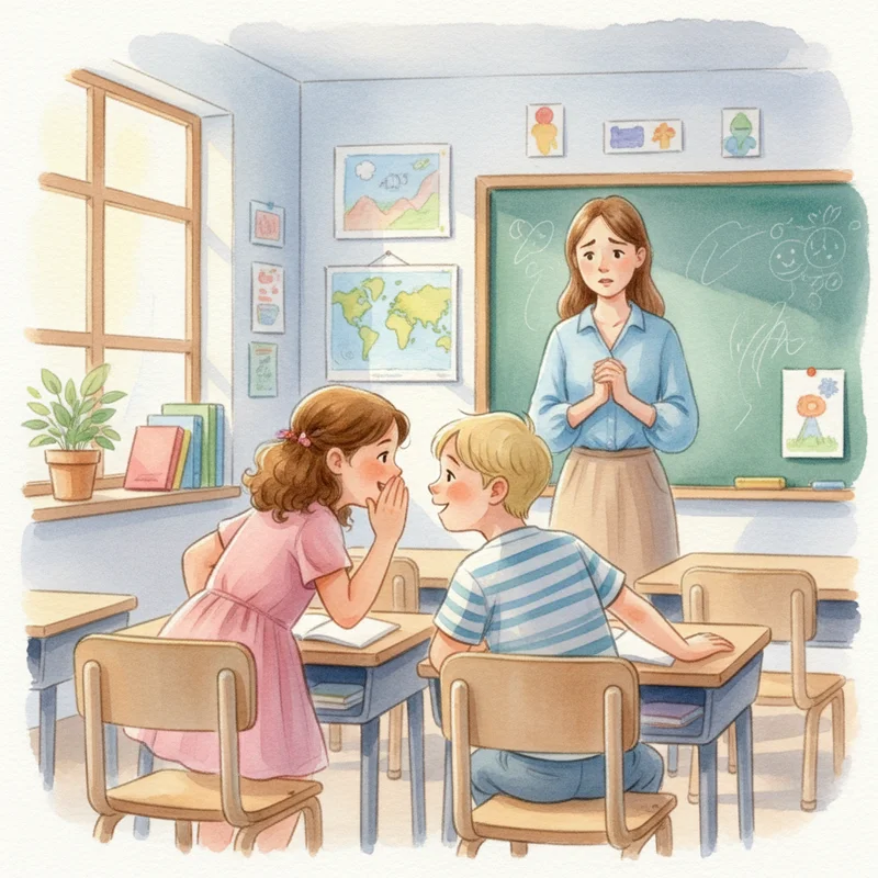 Elementary school classroom scene with a young girl leaning over to whisper to a classmate during lesson time, teacher in background looking concerned but patient.