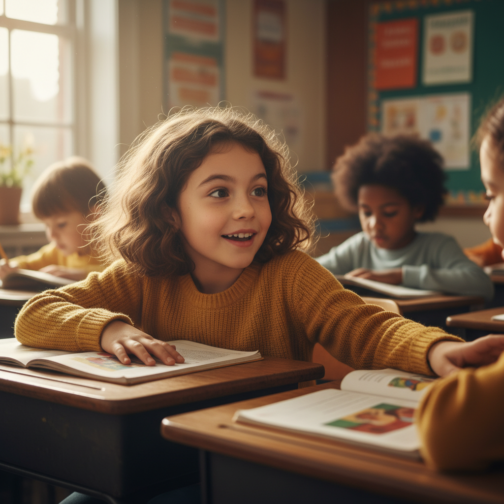 Young girl talking animatedly to classmates during school time