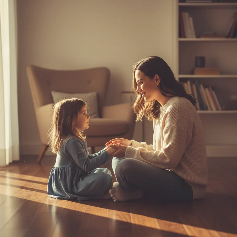 A mother sitting on the floor with her young daughter, both facing each other with the mom holding the girl's hands gently, warm afternoon light through a window, conveying a quiet, tender, honest conversation between parent and child.