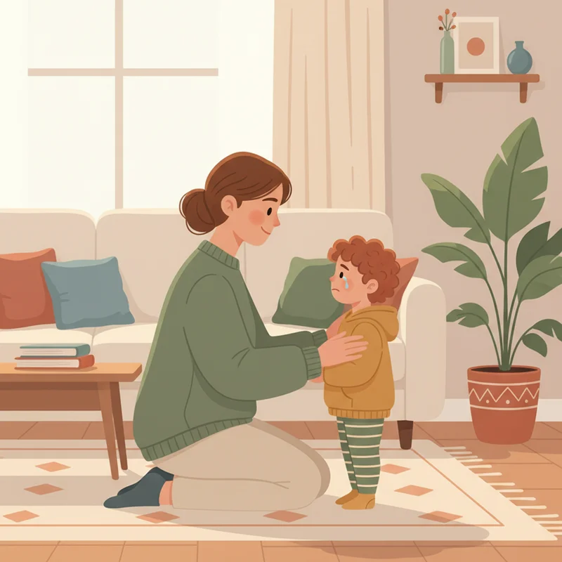 A mother kneeling down to child's eye level in a calm, supportive conversation at home, showing patience and understanding during a difficult moment.