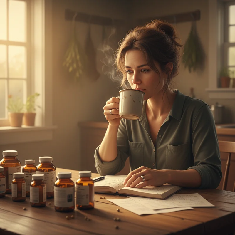 A tired but determined mother sitting at a kitchen table surrounded by supplement bottles and a notebook, reviewing her notes with a cup of coffee, warm natural light, no text or logos visible.