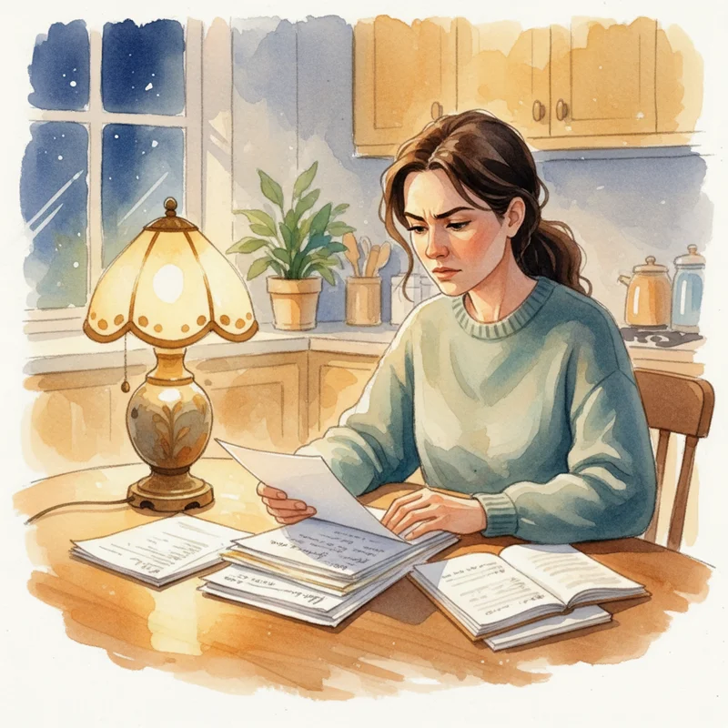 A mother sitting at a kitchen table in the evening, reviewing school papers and handwritten notes by warm lamplight, looking focused and purposeful — no text or products visible.