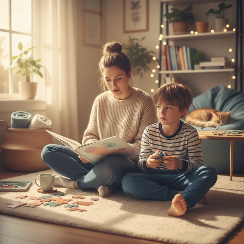Parent and ADHD child doing calming evening activities together in living room, child looking restless despite parent's efforts to create peaceful atmosphere.
